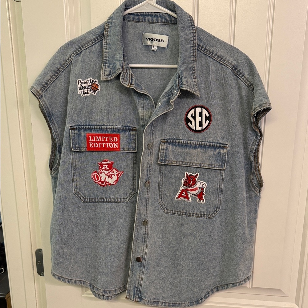 Vintage Game Day Razorback Vest - Denim Vest with Red Patch Accents